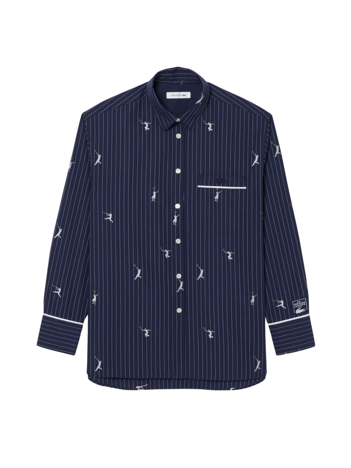 LACOSTE WOMEN Jacquard Motifs Oversized Shirt Navy Blue - MAISONDEFASHION.COM