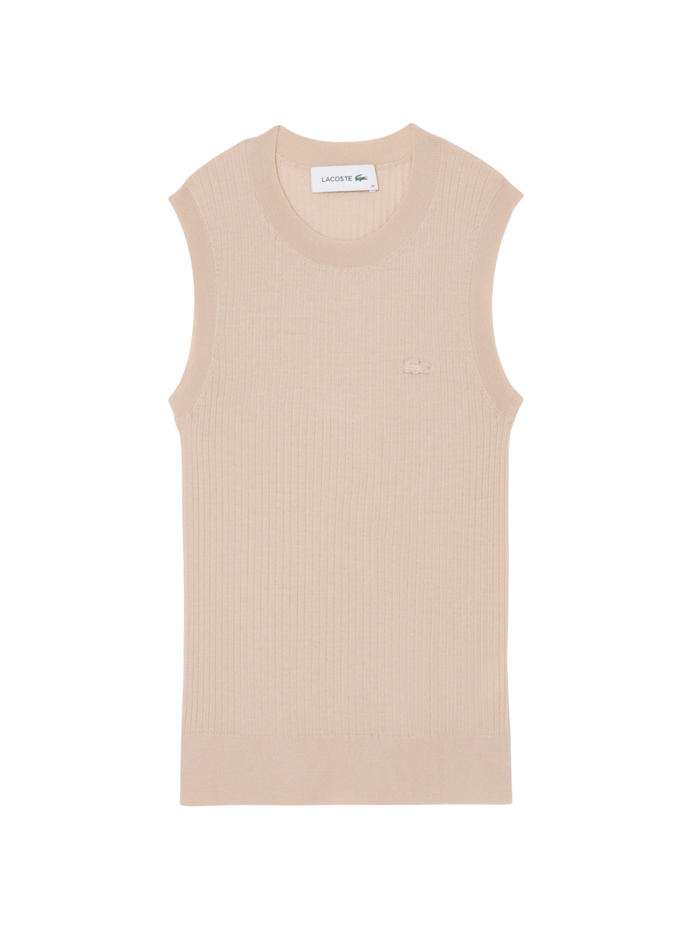 LACOSTE WOMEN Merino Wool 3D Knit Sleeveless Sweater Beige - MAISONDEFASHION.COM