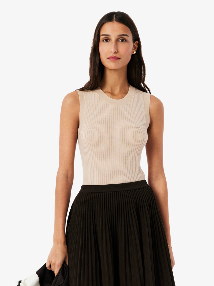 LACOSTE WOMEN Merino Wool 3D Knit Sleeveless Sweater Beige - MAISONDEFASHION.COM