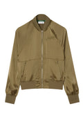 LACOSTE WOMEN Oversized Embroidered Signature Satin Bomber Jacket Khaki Green - MAISONDEFASHION.COM