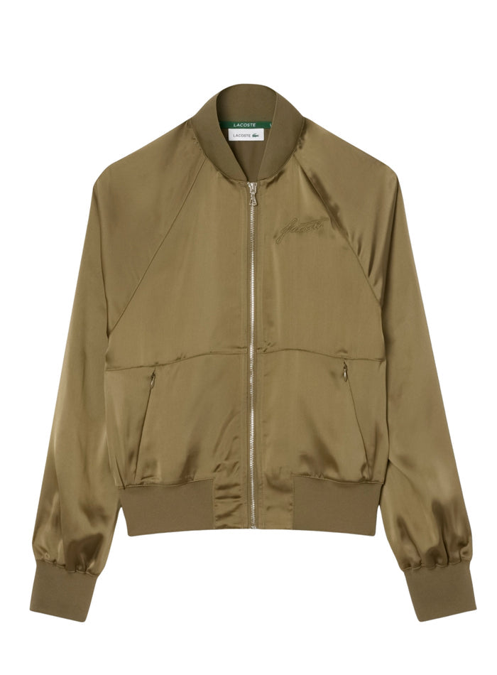 LACOSTE WOMEN Oversized Embroidered Signature Satin Bomber Jacket Khaki Green - MAISONDEFASHION.COM