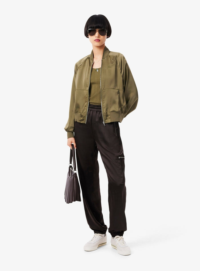 LACOSTE WOMEN Oversized Embroidered Signature Satin Bomber Jacket Khaki Green - MAISONDEFASHION.COM