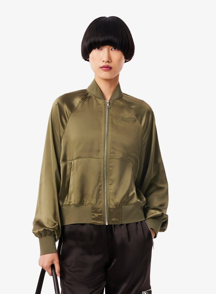 LACOSTE WOMEN Oversized Embroidered Signature Satin Bomber Jacket Khaki Green - MAISONDEFASHION.COM