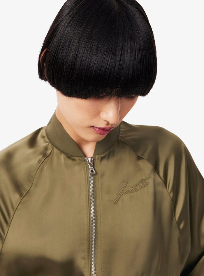 LACOSTE WOMEN Oversized Embroidered Signature Satin Bomber Jacket Khaki Green - MAISONDEFASHION.COM