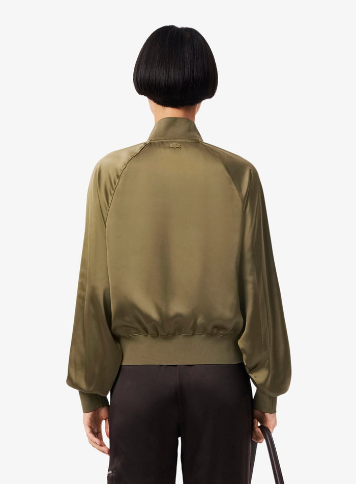 LACOSTE WOMEN Oversized Embroidered Signature Satin Bomber Jacket Khaki Green - MAISONDEFASHION.COM
