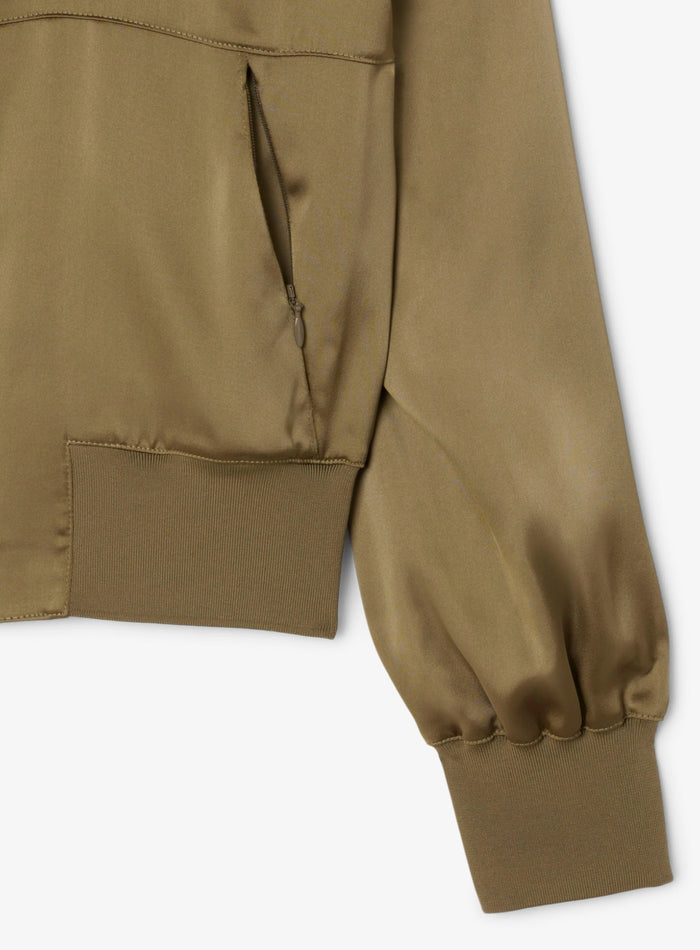 LACOSTE WOMEN Oversized Embroidered Signature Satin Bomber Jacket Khaki Green - MAISONDEFASHION.COM