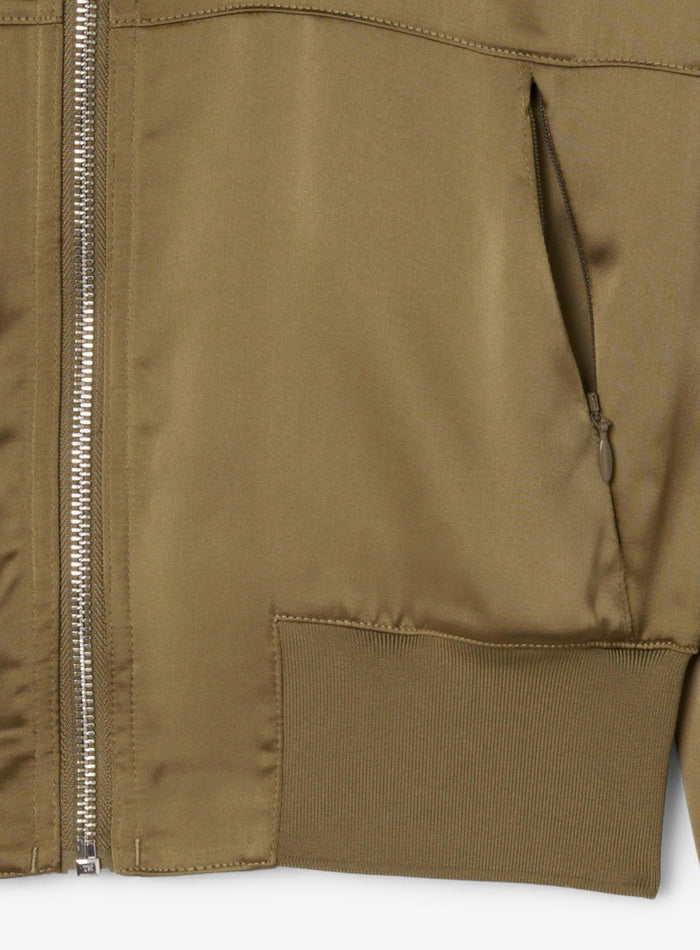 LACOSTE WOMEN Oversized Embroidered Signature Satin Bomber Jacket Khaki Green - MAISONDEFASHION.COM