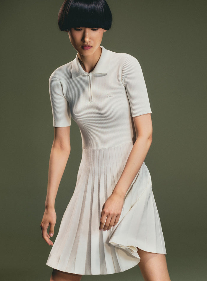 LACOSTE WOMEN Pleated Polo Collar Dress White - MAISONDEFASHION.COM