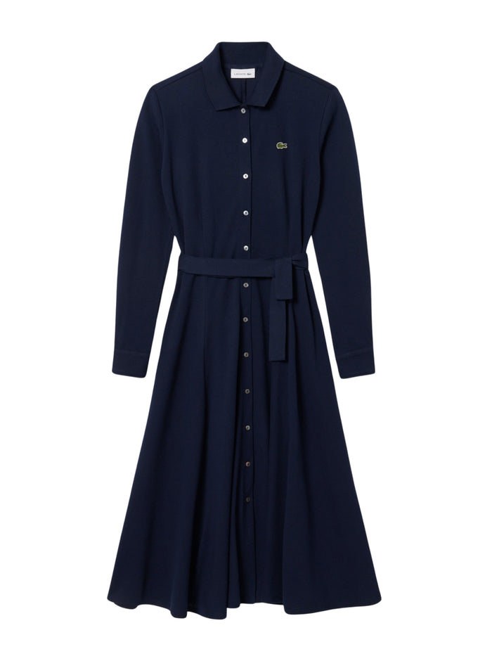 LACOSTE WOMEN Polo Collar Belted Petit Piqué Dress Midnight Blue - MAISONDEFASHION.COM