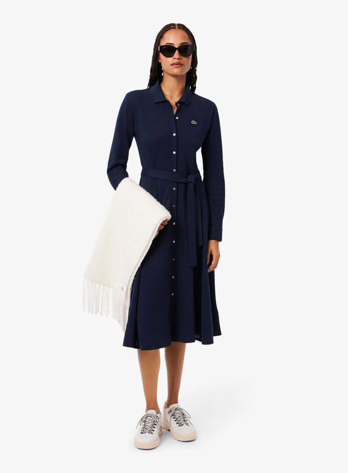 LACOSTE WOMEN Polo Collar Belted Petit Piqué Dress Midnight Blue - MAISONDEFASHION.COM