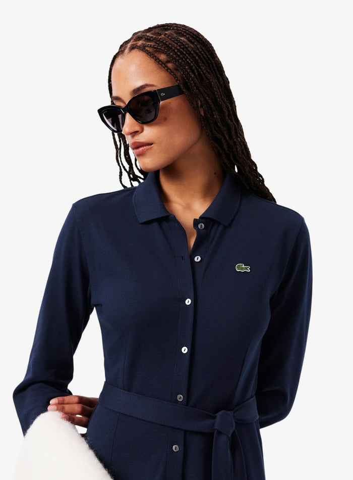 LACOSTE WOMEN Polo Collar Belted Petit Piqué Dress Midnight Blue - MAISONDEFASHION.COM