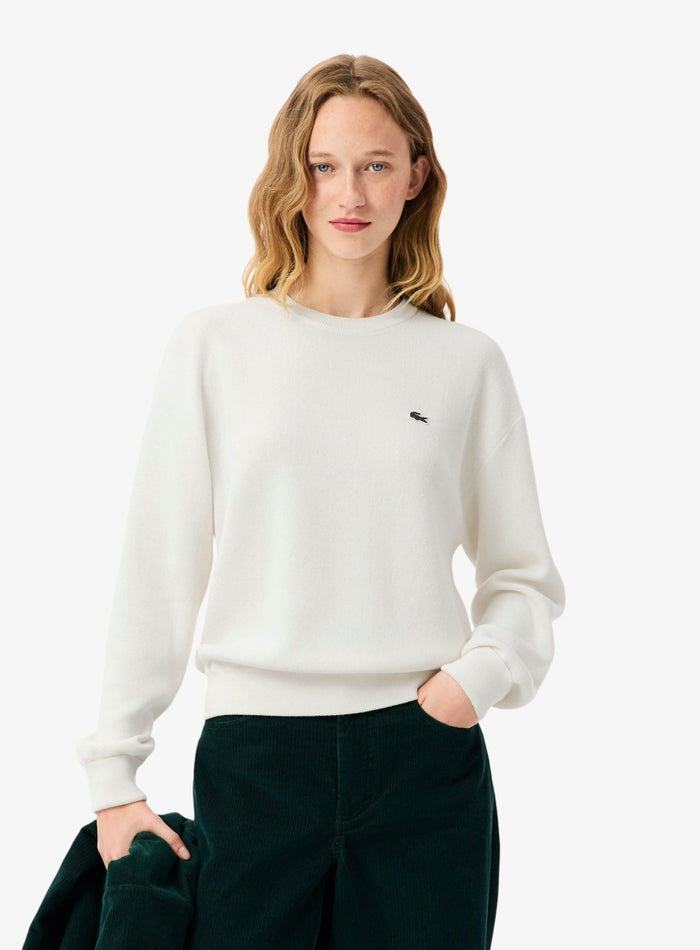 LACOSTE WOMEN Relaxed Fit Cotton Crew Neck Sweater White - MAISONDEFASHION.COM