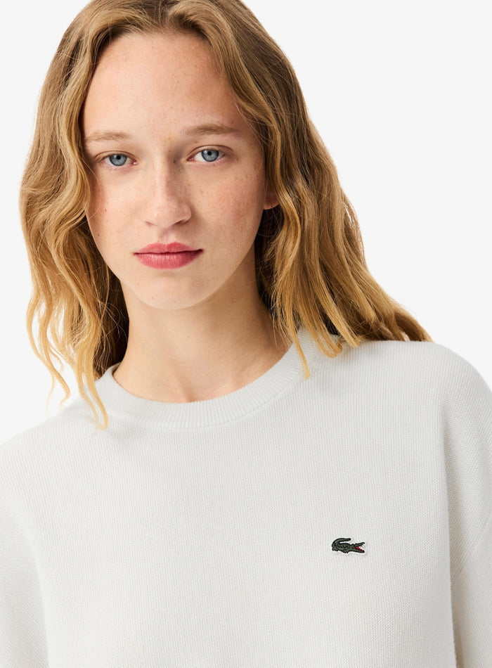 LACOSTE WOMEN Relaxed Fit Cotton Crew Neck Sweater White - MAISONDEFASHION.COM