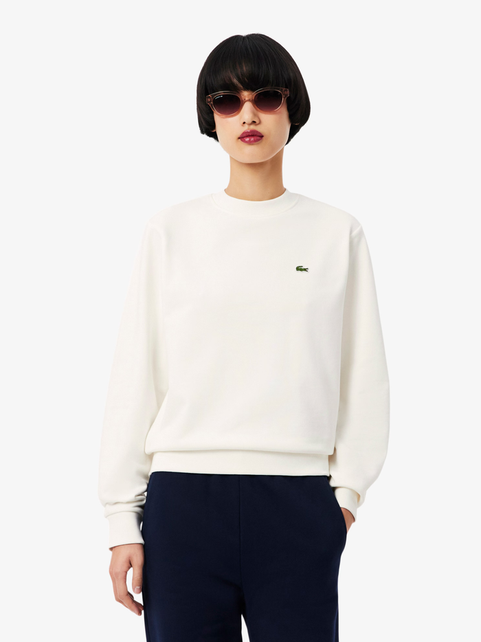 LACOSTE WOMEN Relaxed Fit Fleece Crew Neck Sweatshirt White - MAISONDEFASHION.COM