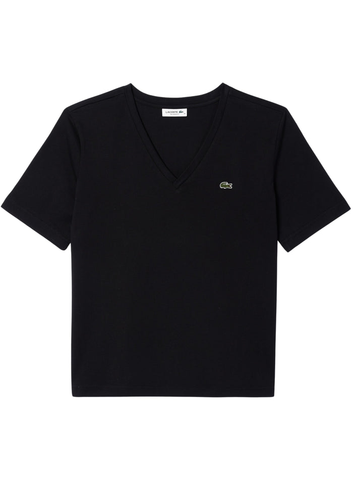 LACOSTE WOMEN Relaxed Fit Soft Cotton V Neck T-shirt Black - MAISONDEFASHION.COM
