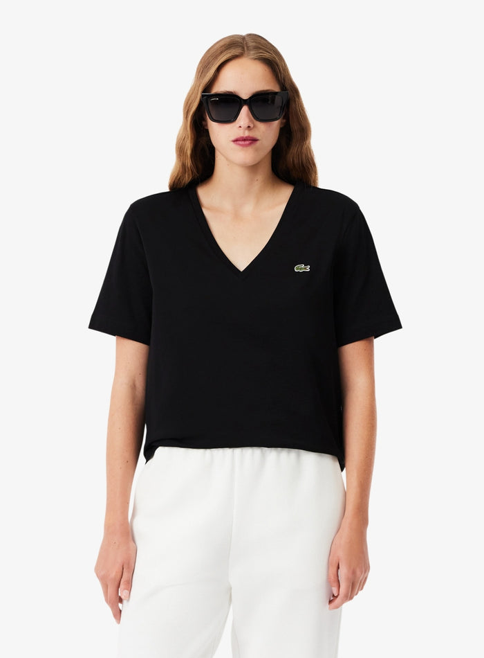 LACOSTE WOMEN Relaxed Fit Soft Cotton V Neck T-shirt Black - MAISONDEFASHION.COM