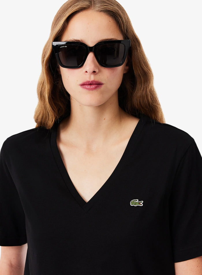 LACOSTE WOMEN Relaxed Fit Soft Cotton V Neck T-shirt Black - MAISONDEFASHION.COM