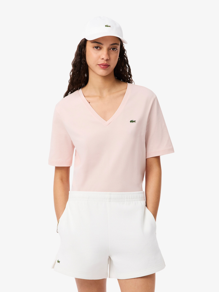 LACOSTE WOMEN Relaxed Fit Soft Cotton V Neck T-shirt Light Pink - MAISONDEFASHION.COM
