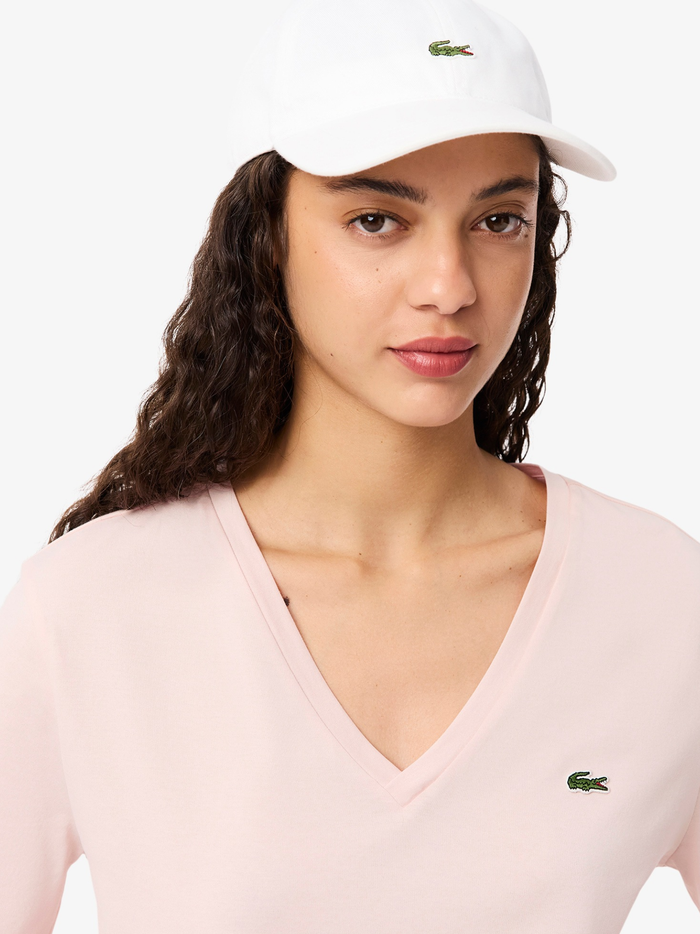 LACOSTE WOMEN Relaxed Fit Soft Cotton V Neck T-shirt Light Pink - MAISONDEFASHION.COM