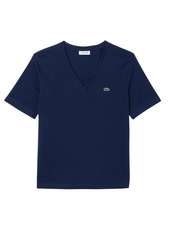 LACOSTE WOMEN Relaxed Fit Soft Cotton V Neck T-shirt Midnight Blue - MAISONDEFASHION.COM