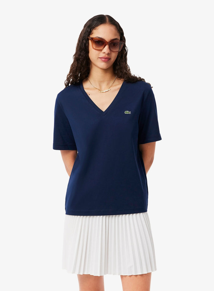 LACOSTE WOMEN Relaxed Fit Soft Cotton V Neck T-shirt Midnight Blue - MAISONDEFASHION.COM