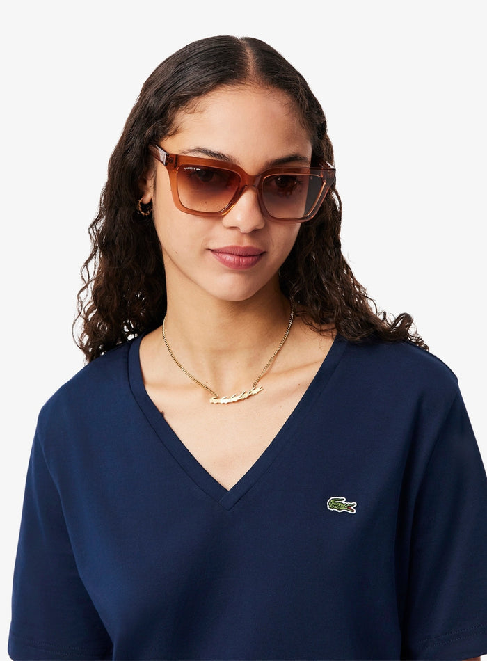 LACOSTE WOMEN Relaxed Fit Soft Cotton V Neck T-shirt Midnight Blue - MAISONDEFASHION.COM