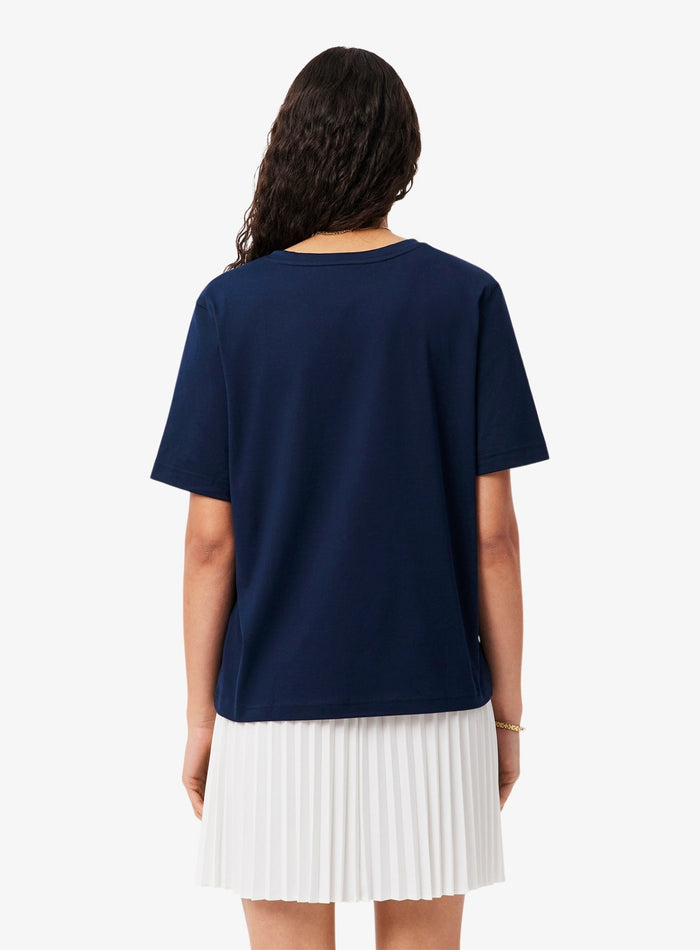 LACOSTE WOMEN Relaxed Fit Soft Cotton V Neck T-shirt Midnight Blue - MAISONDEFASHION.COM