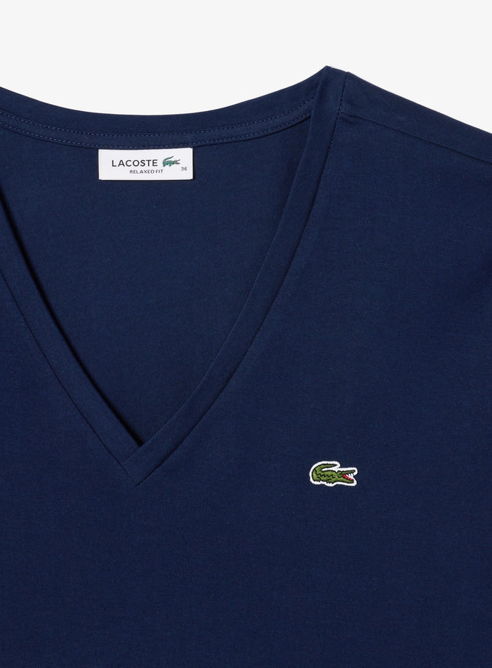 LACOSTE WOMEN Relaxed Fit Soft Cotton V Neck T-shirt Midnight Blue - MAISONDEFASHION.COM