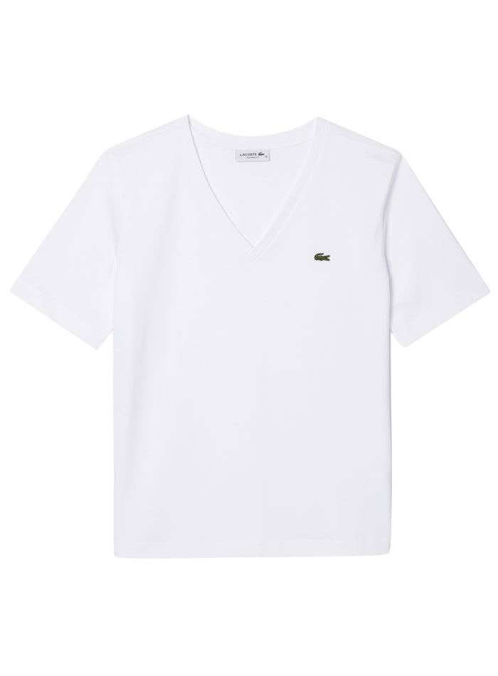 LACOSTE WOMEN Relaxed Fit Soft Cotton V Neck T-shirt White - MAISONDEFASHION.COM