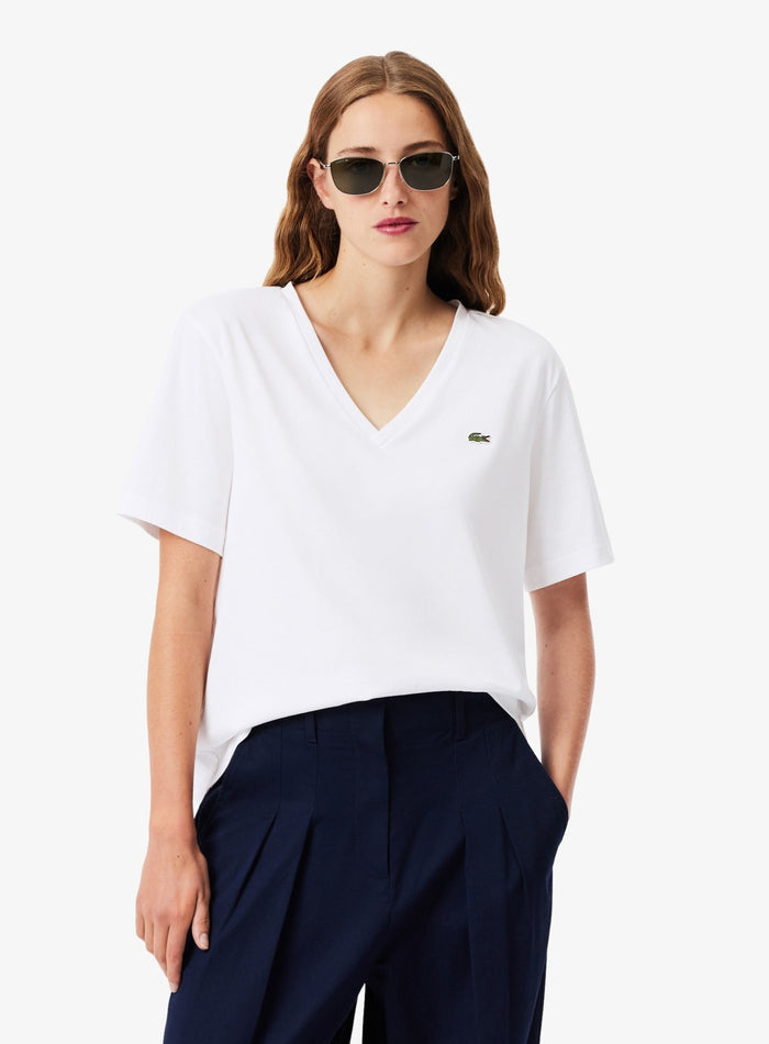 LACOSTE WOMEN Relaxed Fit Soft Cotton V Neck T-shirt White - MAISONDEFASHION.COM