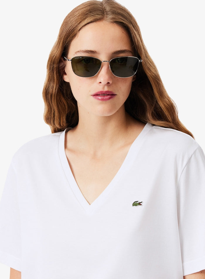 LACOSTE WOMEN Relaxed Fit Soft Cotton V Neck T-shirt White - MAISONDEFASHION.COM