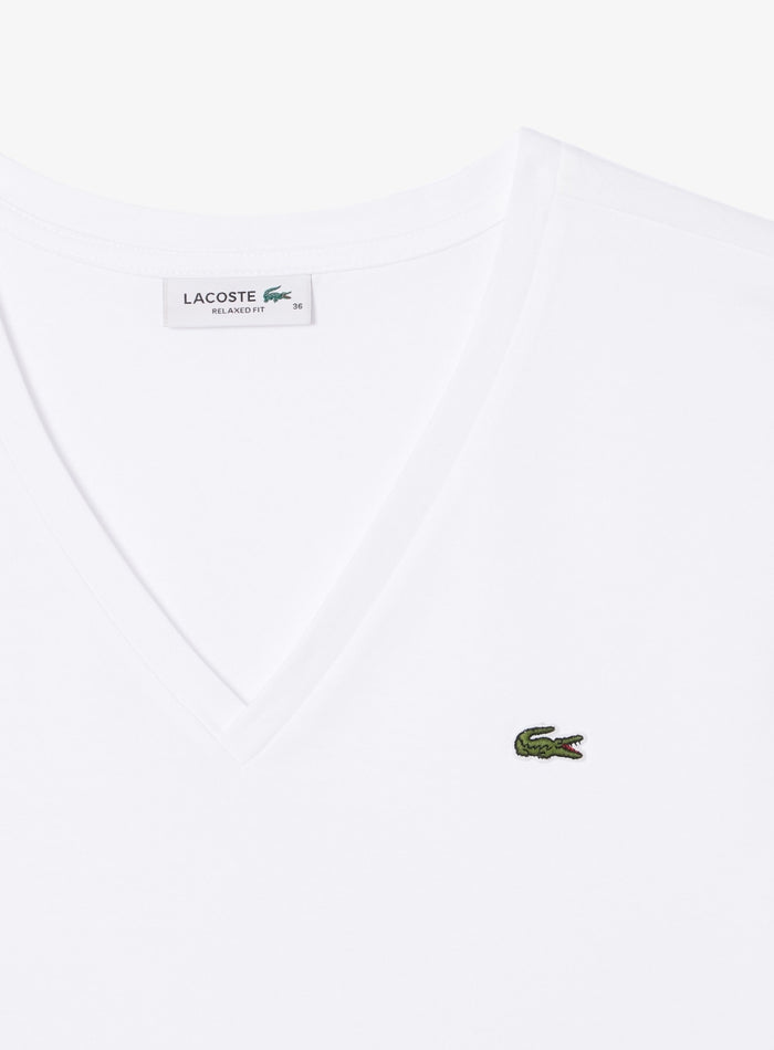 LACOSTE WOMEN Relaxed Fit Soft Cotton V Neck T-shirt White - MAISONDEFASHION.COM
