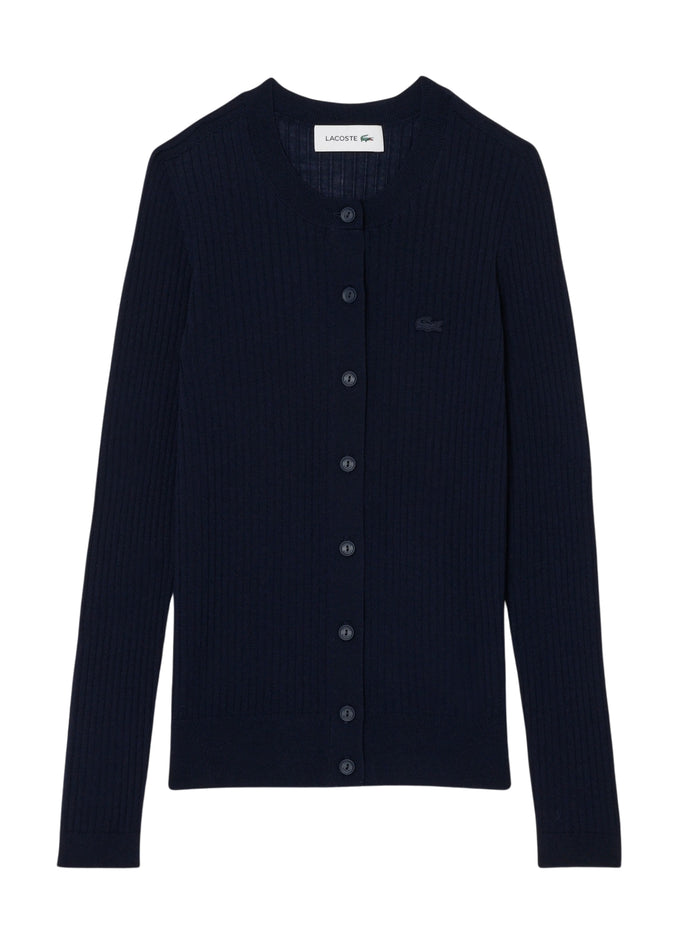 LACOSTE WOMEN Rib Knit Merino Wool Cardigan Midnight Blue - MAISONDEFASHION.COM