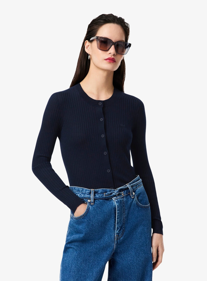 LACOSTE WOMEN Rib Knit Merino Wool Cardigan Midnight Blue - MAISONDEFASHION.COM