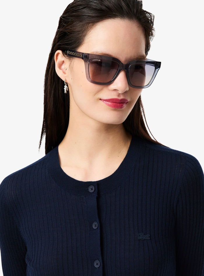 LACOSTE WOMEN Rib Knit Merino Wool Cardigan Midnight Blue - MAISONDEFASHION.COM