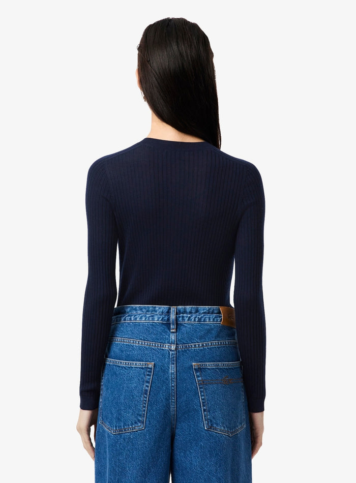 LACOSTE WOMEN Rib Knit Merino Wool Cardigan Midnight Blue - MAISONDEFASHION.COM
