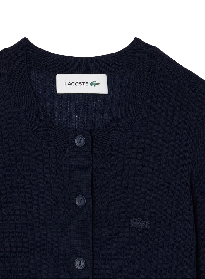 LACOSTE WOMEN Rib Knit Merino Wool Cardigan Midnight Blue - MAISONDEFASHION.COM