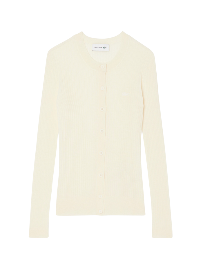 LACOSTE WOMEN Rib Knit Merino Wool Cardigan White - MAISONDEFASHION.COM