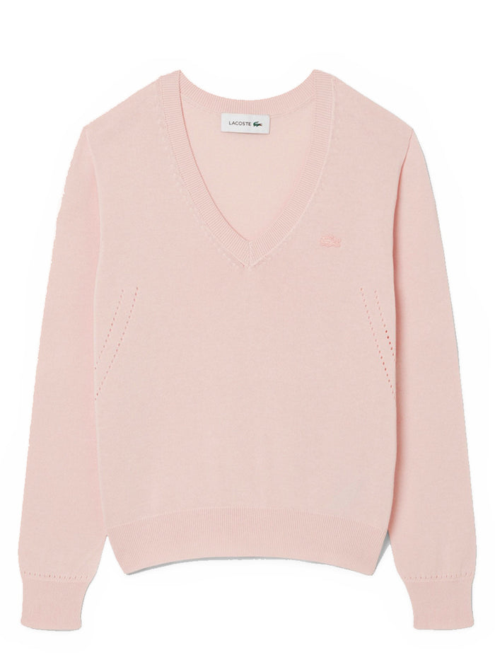 LACOSTE WOMEN Seamless Knit V Neck Sweater Light Pink - MAISONDEFASHION.COM