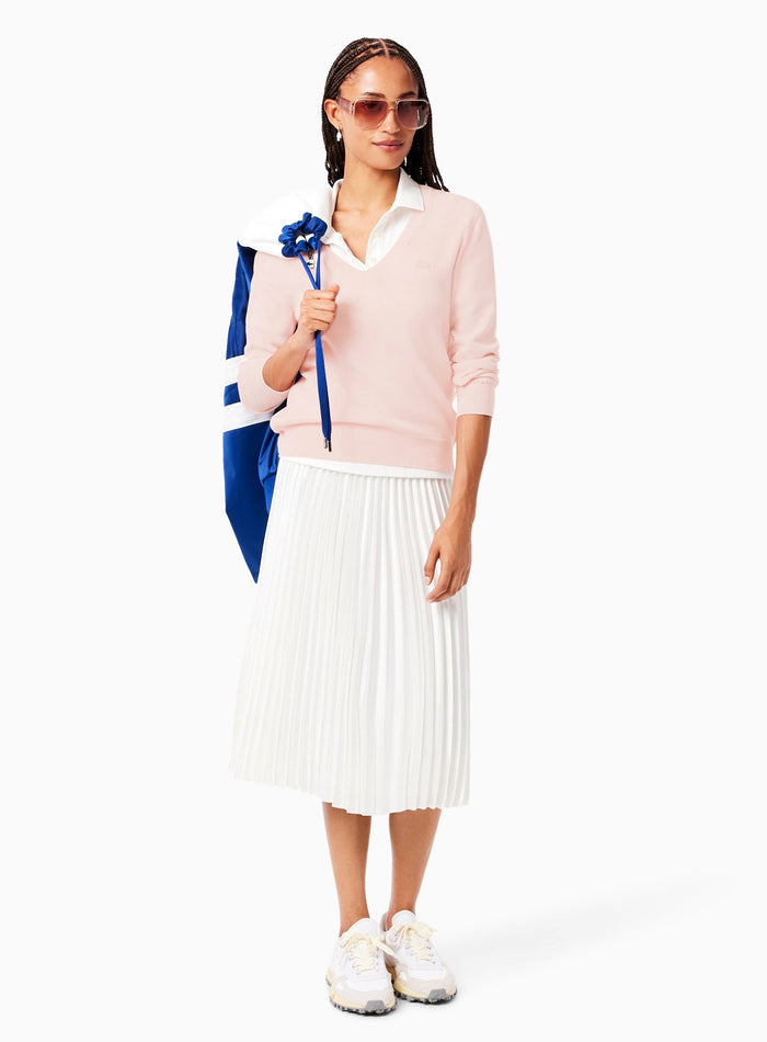 LACOSTE WOMEN Seamless Knit V Neck Sweater Light Pink - MAISONDEFASHION.COM
