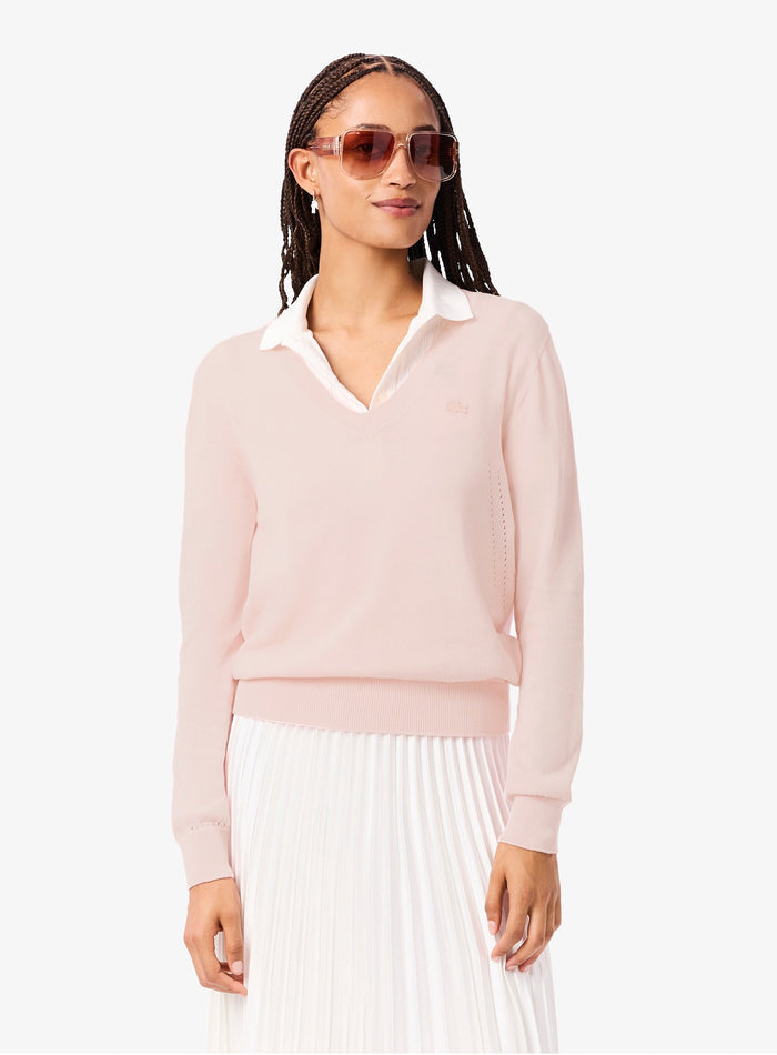 LACOSTE WOMEN Seamless Knit V Neck Sweater Light Pink - MAISONDEFASHION.COM