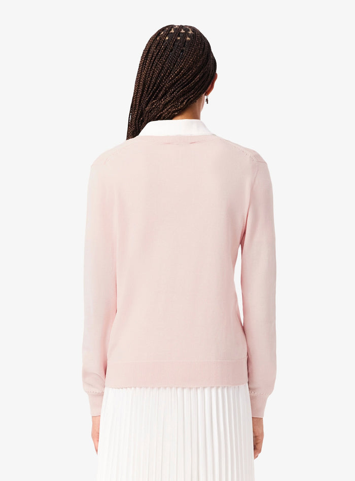 LACOSTE WOMEN Seamless Knit V Neck Sweater Light Pink - MAISONDEFASHION.COM