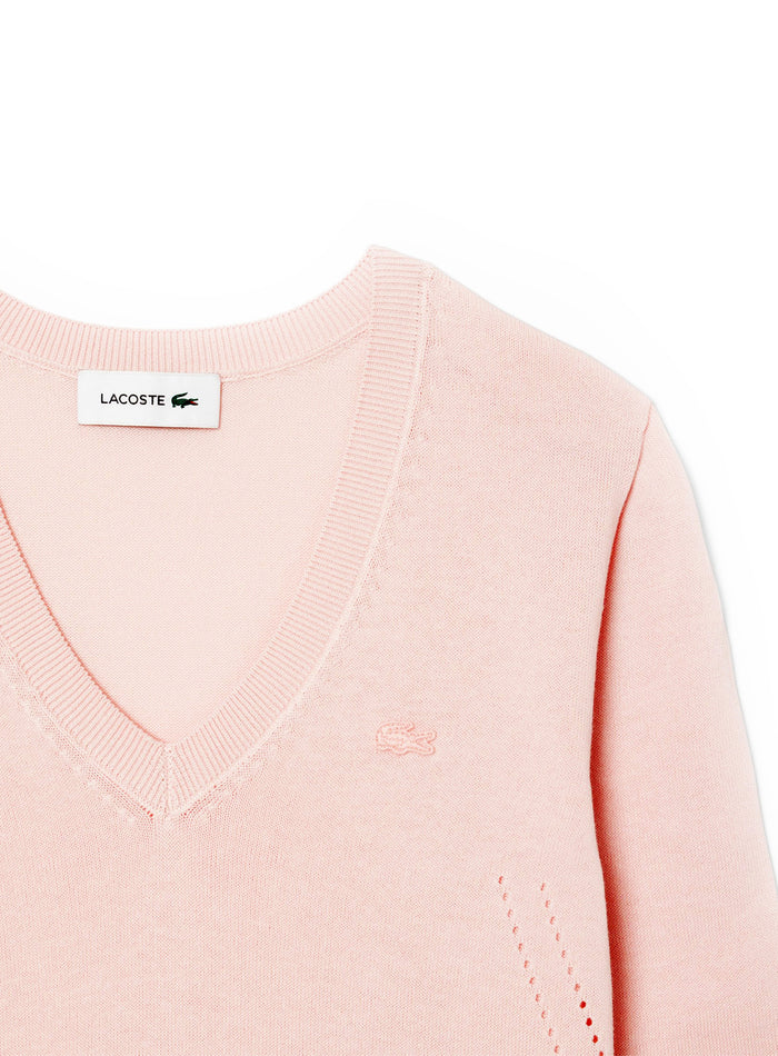 LACOSTE WOMEN Seamless Knit V Neck Sweater Light Pink - MAISONDEFASHION.COM