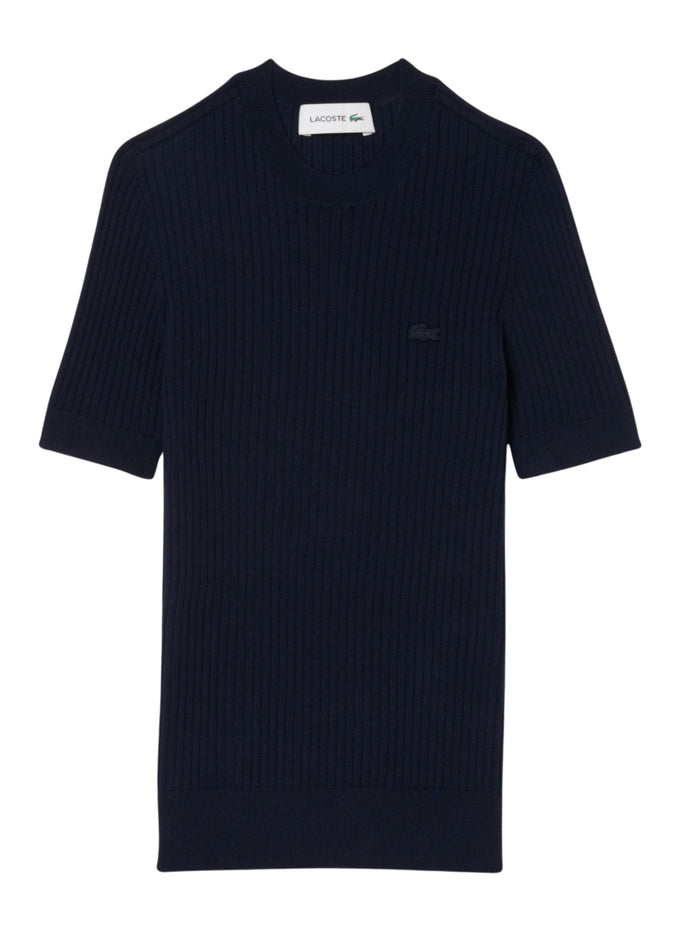 LACOSTE WOMEN Short Sleeved Merino Wool Rib Knit Sweater Midnight Blue - MAISONDEFASHION.COM