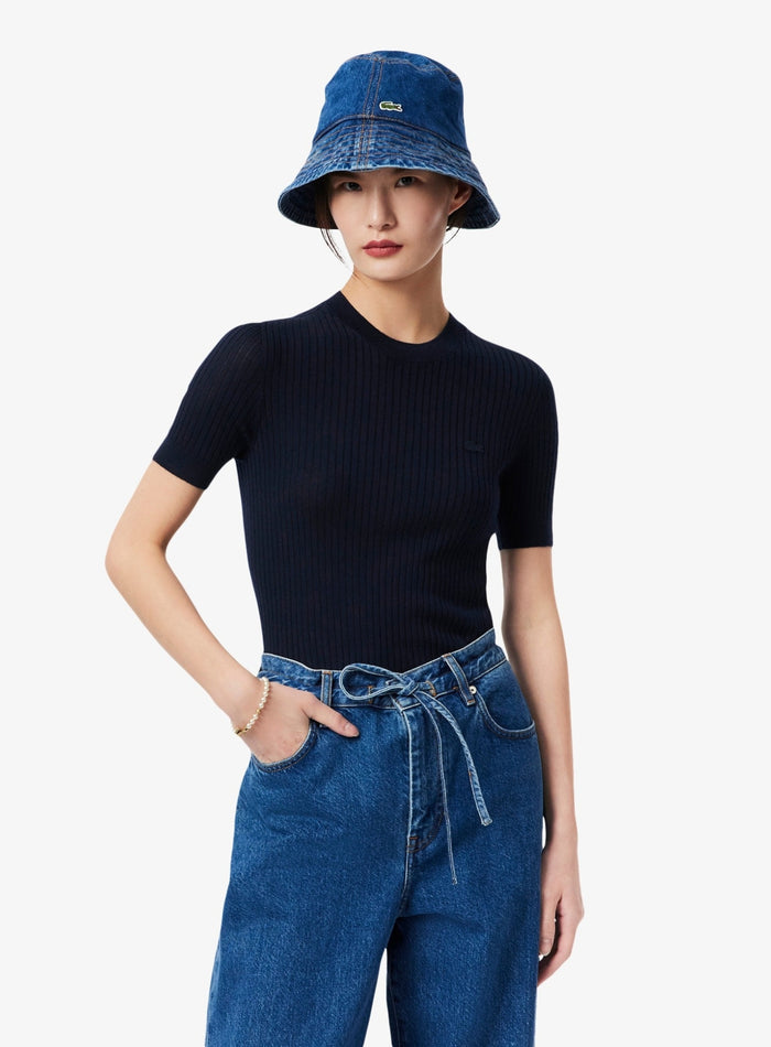 LACOSTE WOMEN Short Sleeved Merino Wool Rib Knit Sweater Midnight Blue - MAISONDEFASHION.COM
