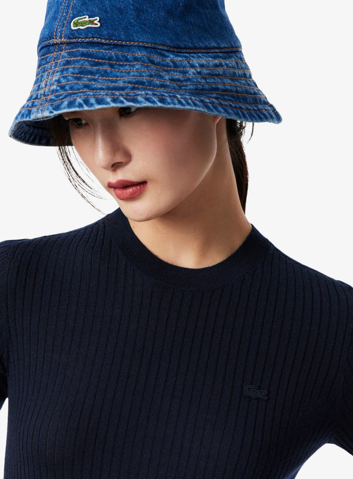 LACOSTE WOMEN Short Sleeved Merino Wool Rib Knit Sweater Midnight Blue - MAISONDEFASHION.COM