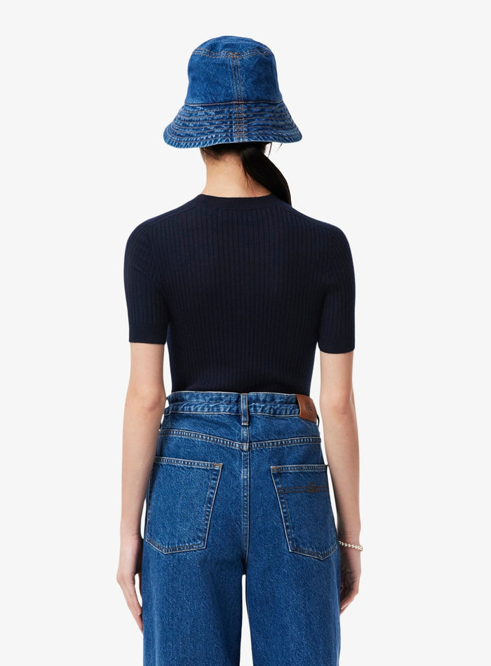 LACOSTE WOMEN Short Sleeved Merino Wool Rib Knit Sweater Midnight Blue - MAISONDEFASHION.COM