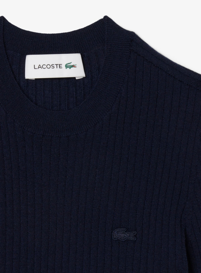 LACOSTE WOMEN Short Sleeved Merino Wool Rib Knit Sweater Midnight Blue - MAISONDEFASHION.COM