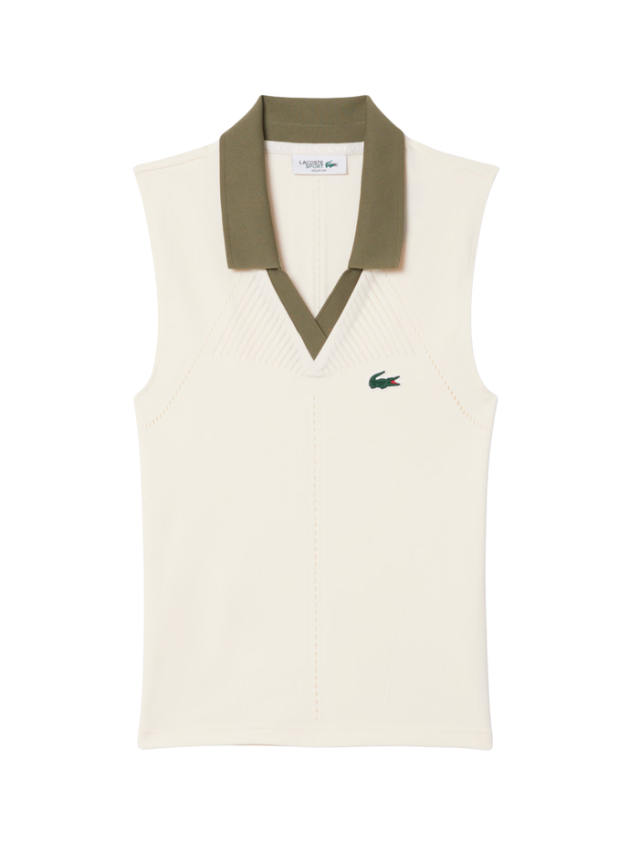 LACOSTE WOMEN Sleeveless Stretch Knit Tennis Polo White/Khaki Green - MAISONDEFASHION.COM