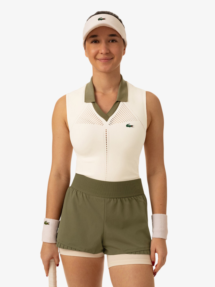 LACOSTE WOMEN Sleeveless Stretch Knit Tennis Polo White/Khaki Green - MAISONDEFASHION.COM
